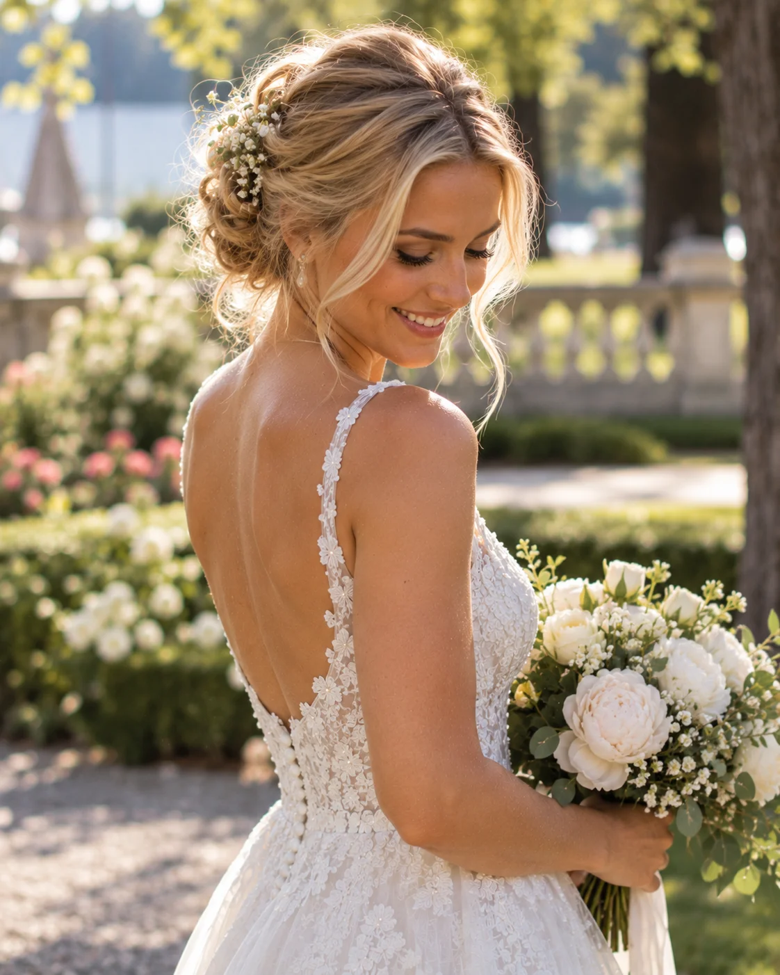 Blondt oppsatt brudehår med løse bølger og blomster, balayage-effekt.