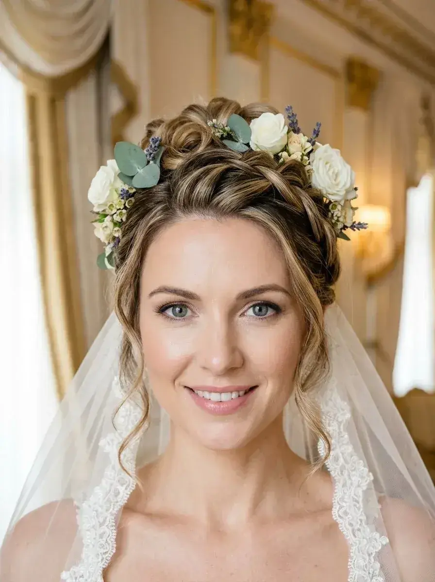 Brud med oppsatt hår, blomsterkrans og slør i romantisk innredning