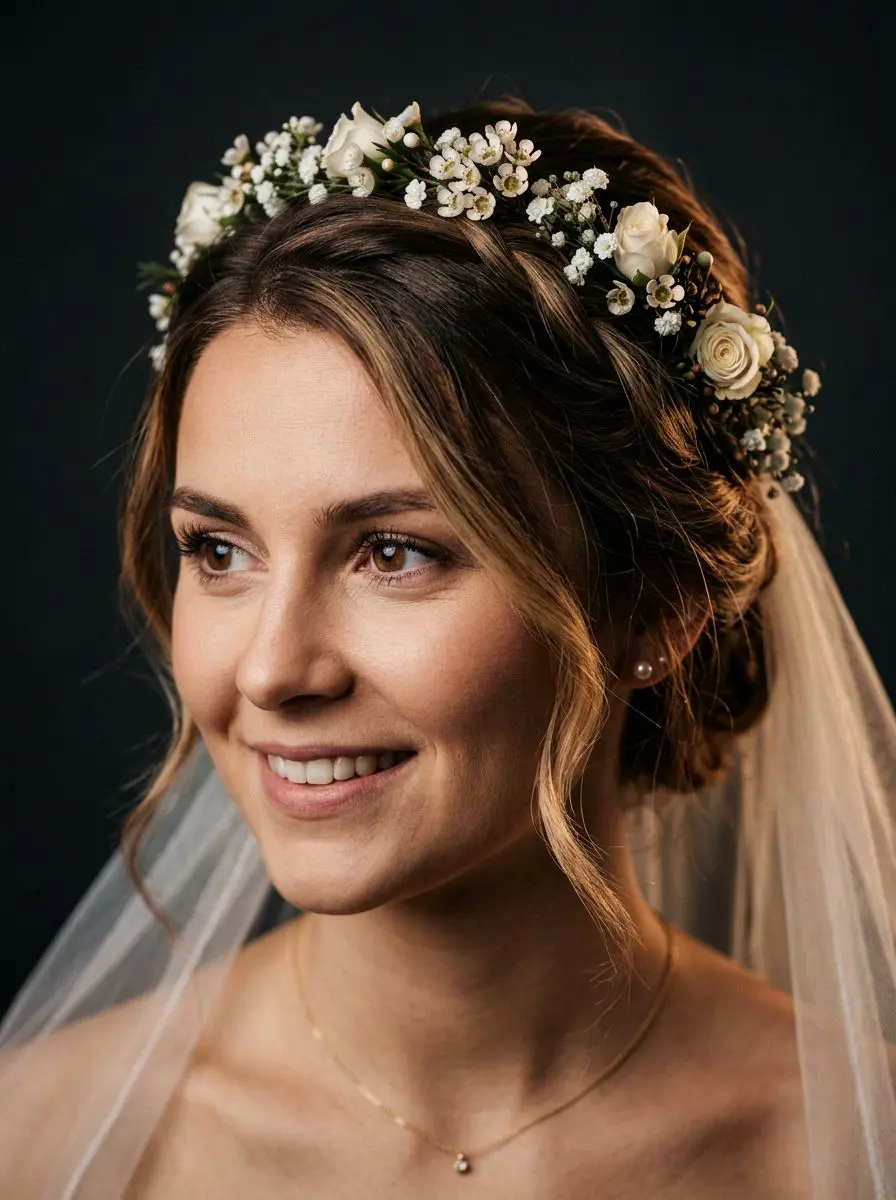 Brud med oppsatt hår, blomsterkrans av hvite roser og slør
