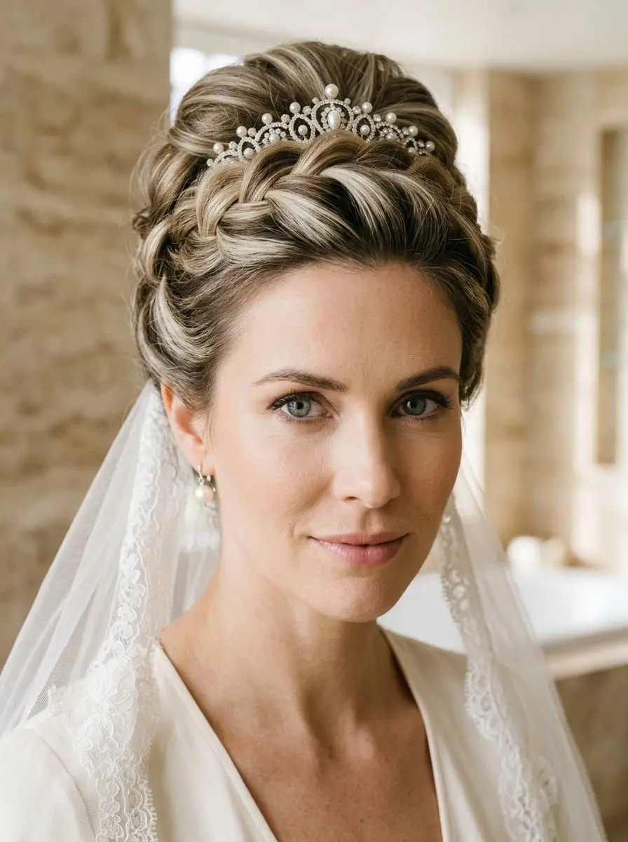 Brudeoppsett med flette og tiara