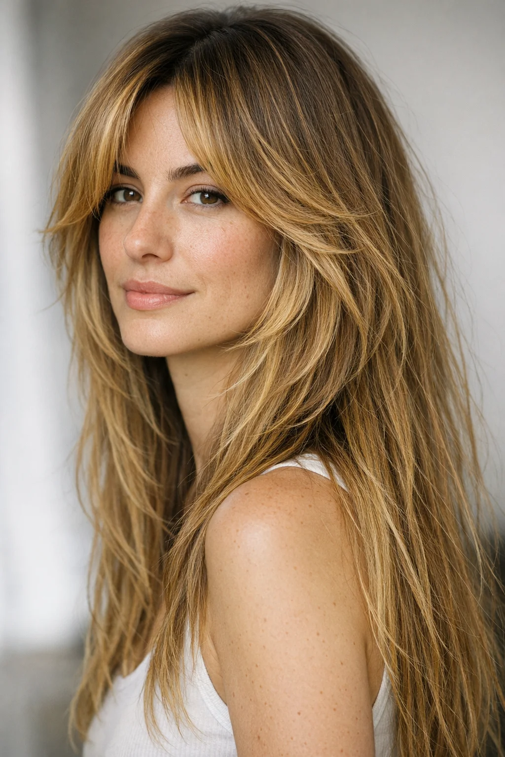 Butterfly cut med gardinlugg i myk blond balayage