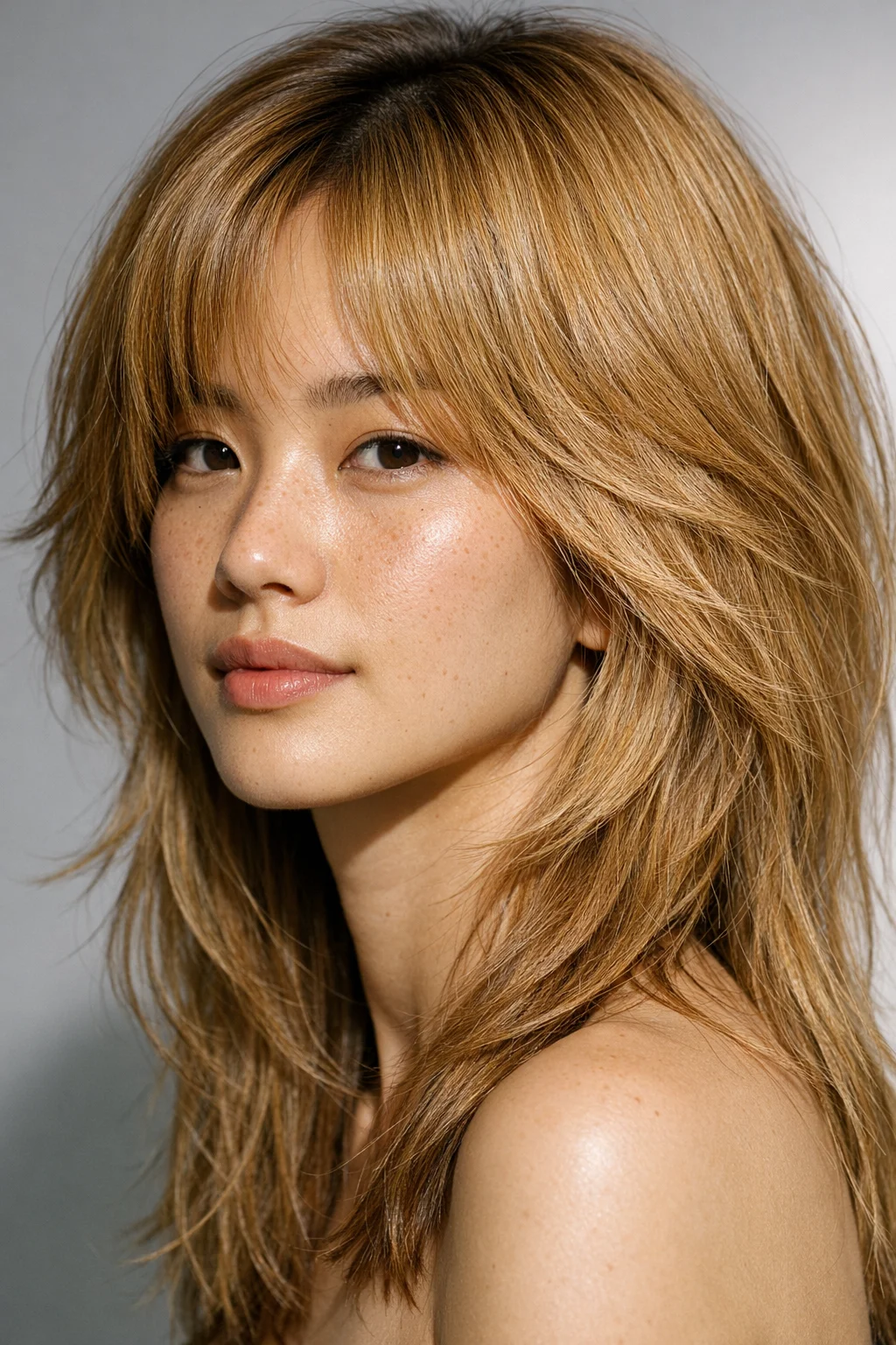 Butterfly cut med lugg og layers i blond