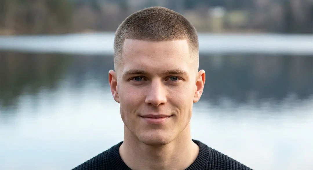 Kort buzz cut på mann med mørk brunt hår, rettet mot kamera utendørs