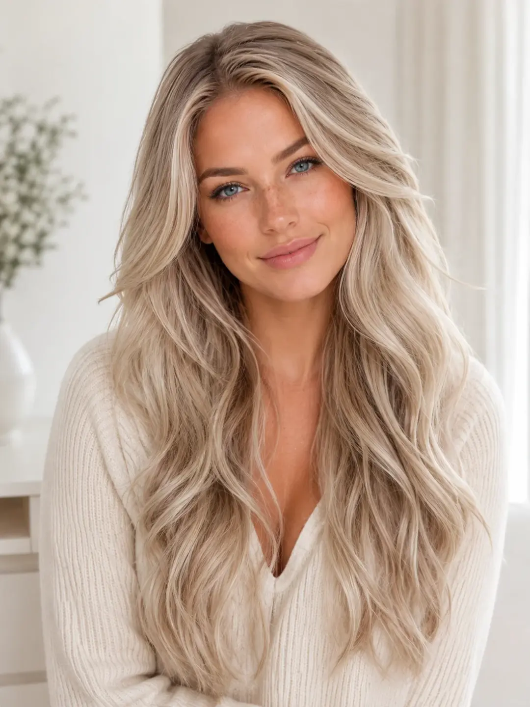 Langt hår med lyse balayage-extensions og myke, bølgete layers.