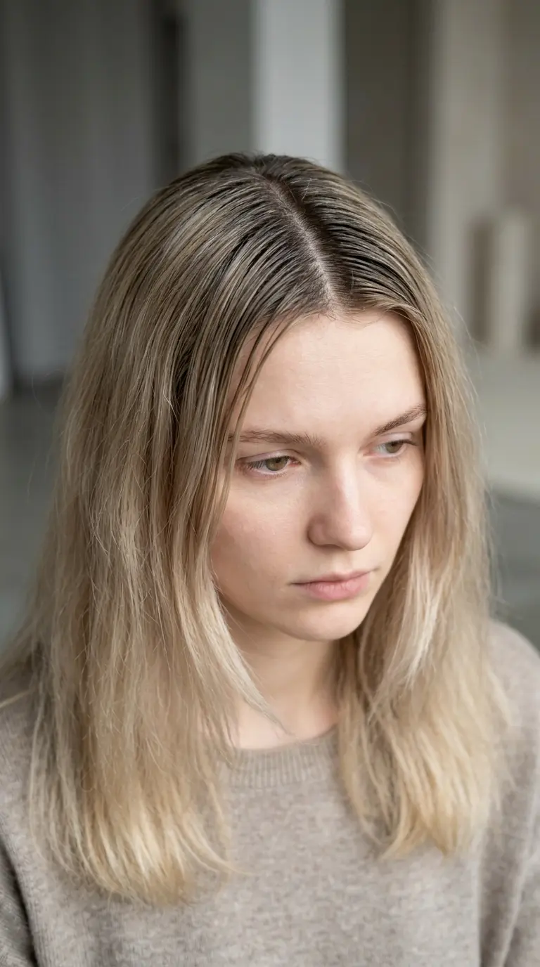 Halvlangt blondt hår i blunt cut med midtskill, synlig ettervekst og naturlig tekstur.