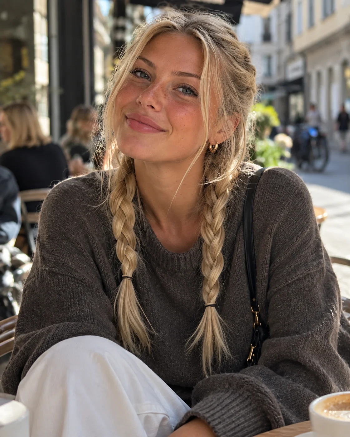Blond halvlangt hår i to fletter med løse luggbiter ved ansiktet.