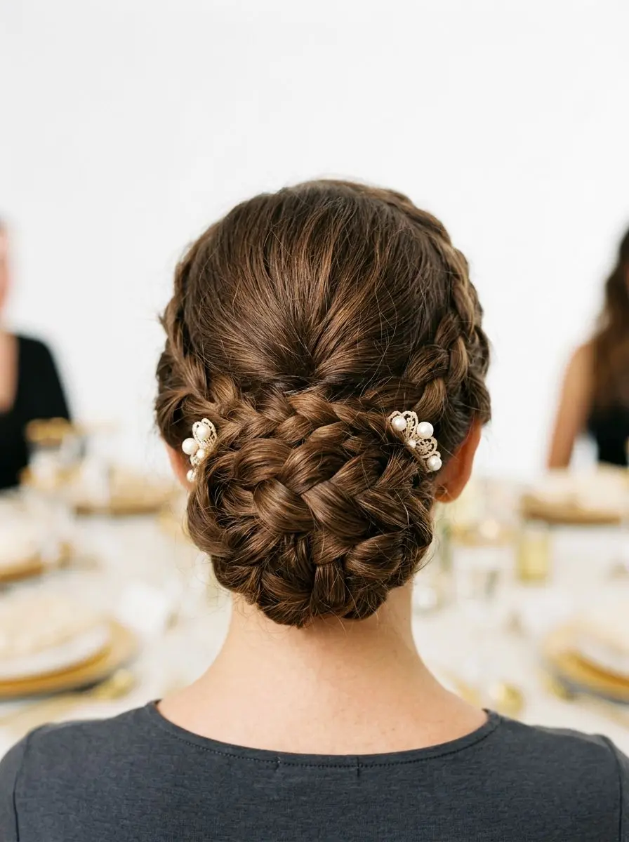Bakside av mørkebrunt langt hår i flettet lav chignon med perlespenner, stram finish