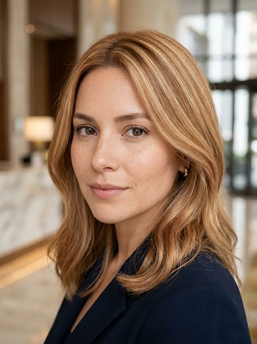 Halvlang lob i lysebrun balayage med myke bølger og lette layers, midtskill.