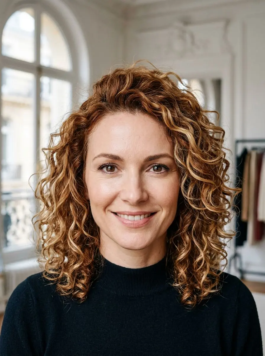 Halvlangt krøllete hår med balayage