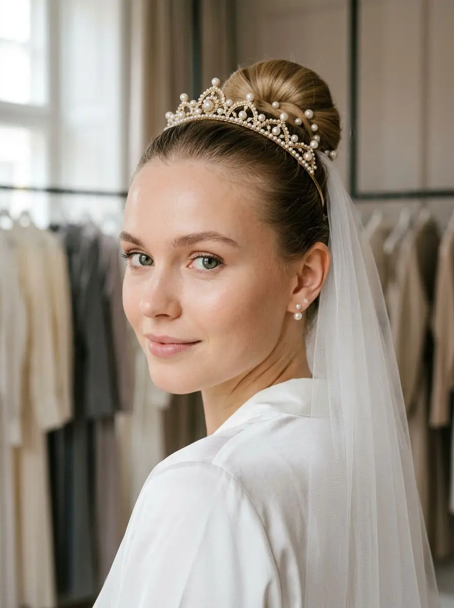 Høy brud-bun med tiara