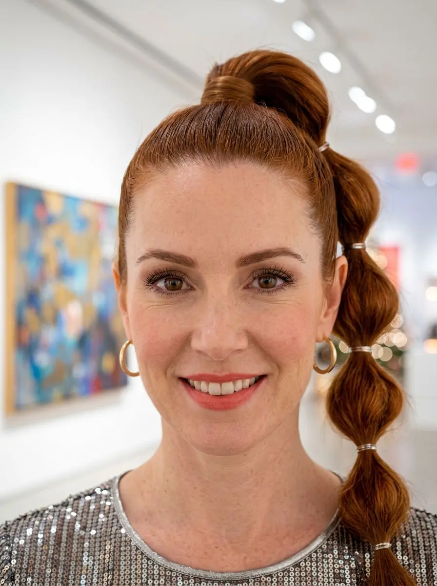 Ginger, langt hår i høy bubble ponytail med liten bun og jevne strikker, portrett.