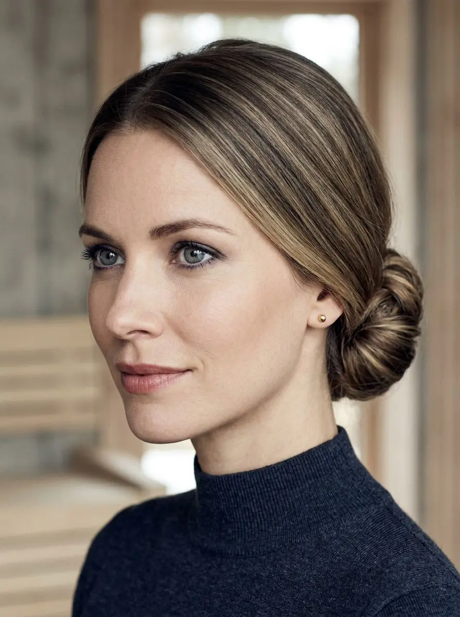 Dame med glatt low bun og lyse highlights i mellombrunt hår