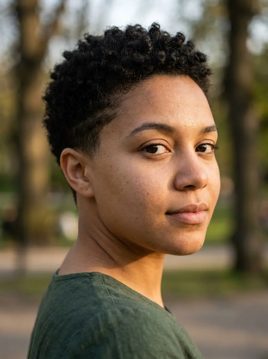 Kort afrofrisyre med fade og naturlige, tette krøller utendørs