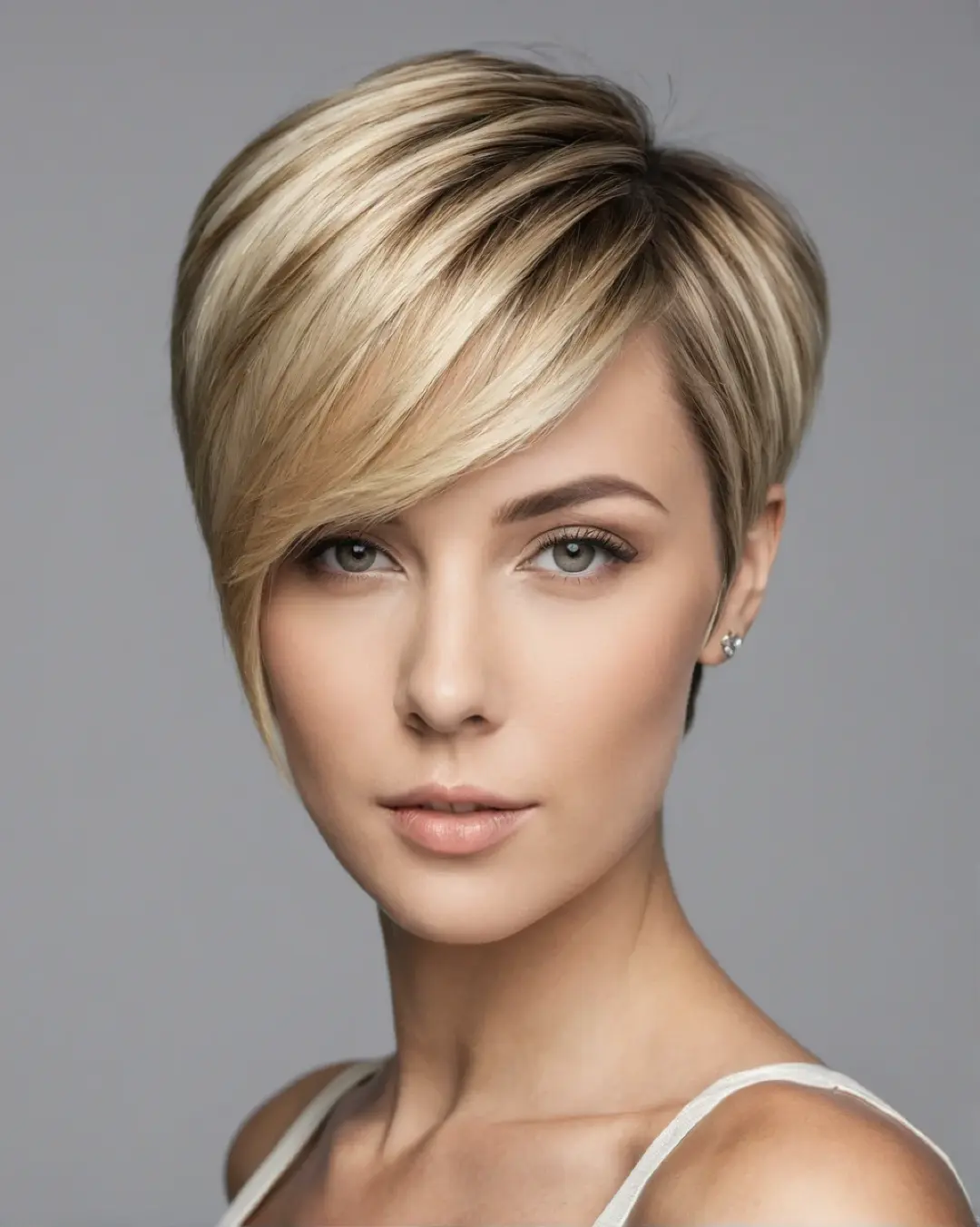 Kort blond pixie cut med balayage og lang asymmetrisk lugg.