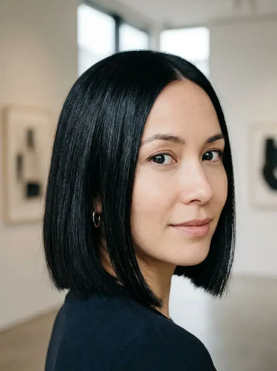 Kvinne med sleek svart blunt bob og midtskill i minimalistisk miljø
