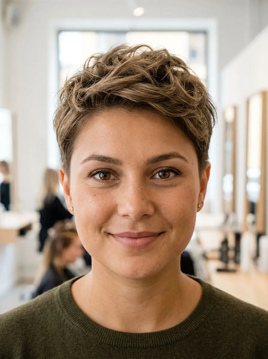 Kvinne med kort, bølgete brun pixie cut og naturlig tekstur i frisørsalong
