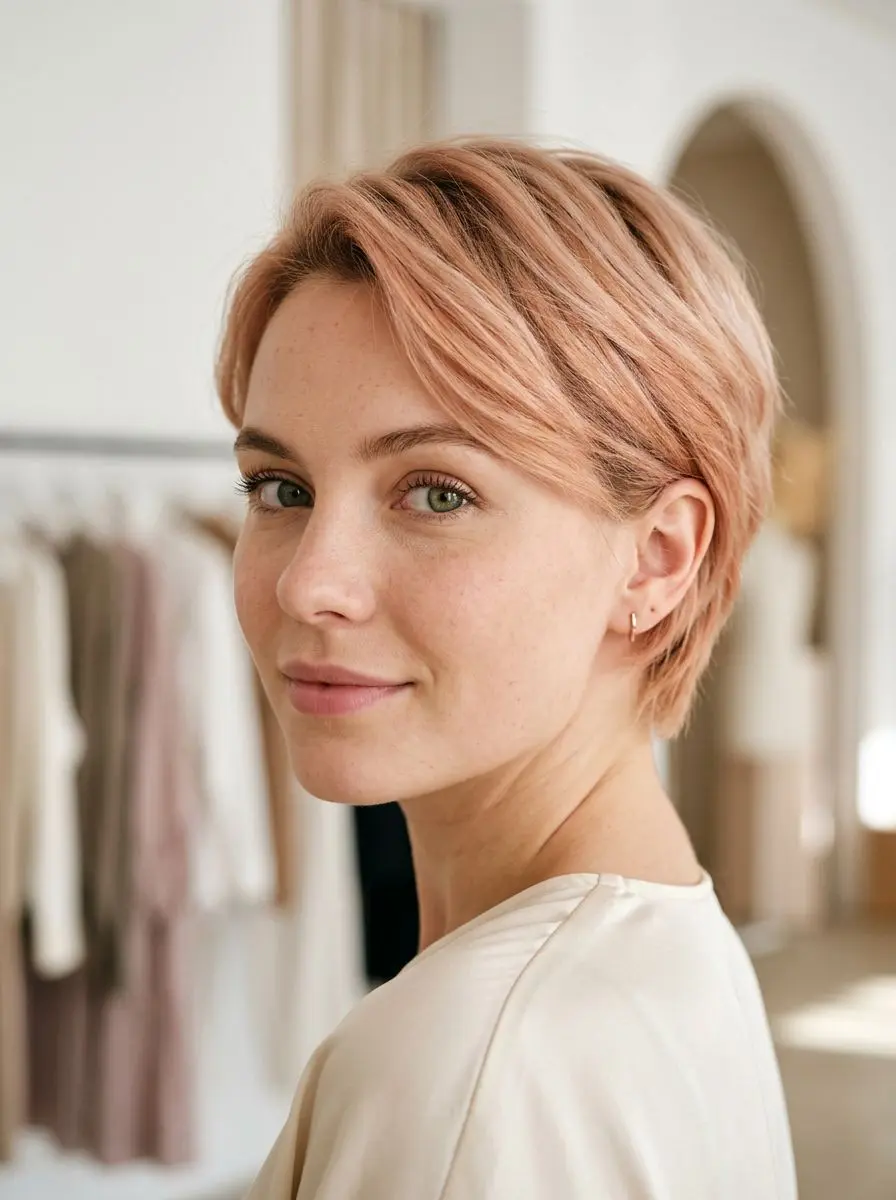 Kort pixie med rosa-blond farge