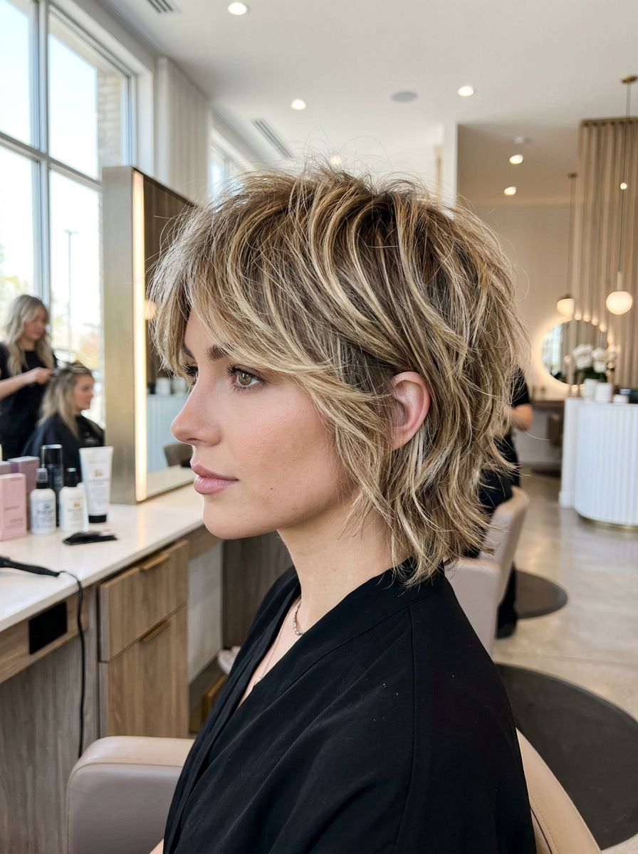 Kort shag bob med highlights