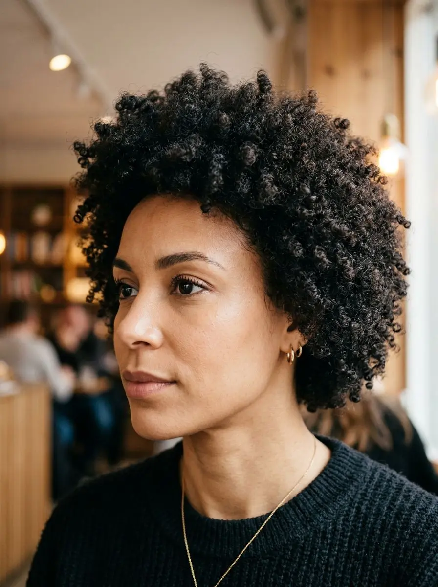 Kvinne med korte, tette afrokrøller og naturlig volumert hår