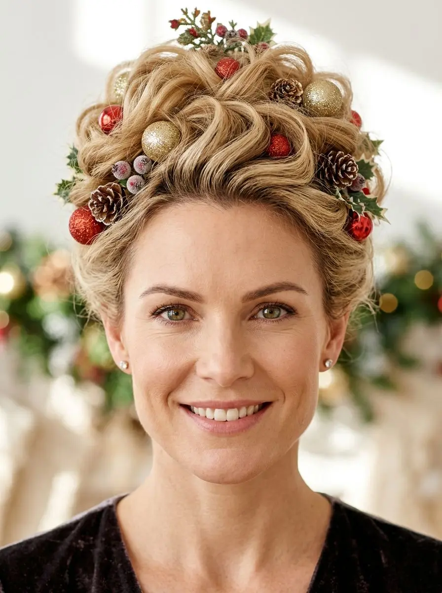 Oppsatt blondt hår med krøller og julepynt som kuler, kongler og grønt.