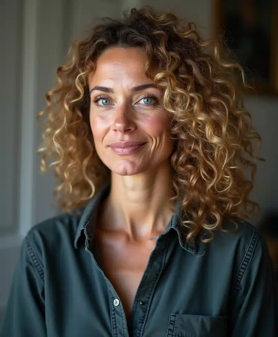 Blond halvlangt hår med definerte, naturlige krøller og myk balayage-effekt.