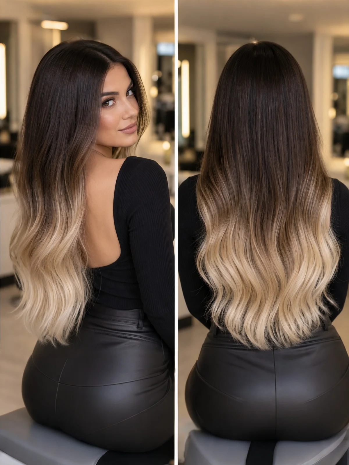 Ombre hår med beach waves, mørk bunn og lyse lengder, bølgete langt hår