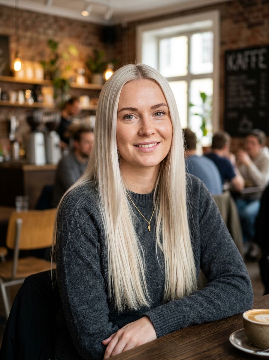Dame med lang, glatt platinablond frisyre sitter på kafé