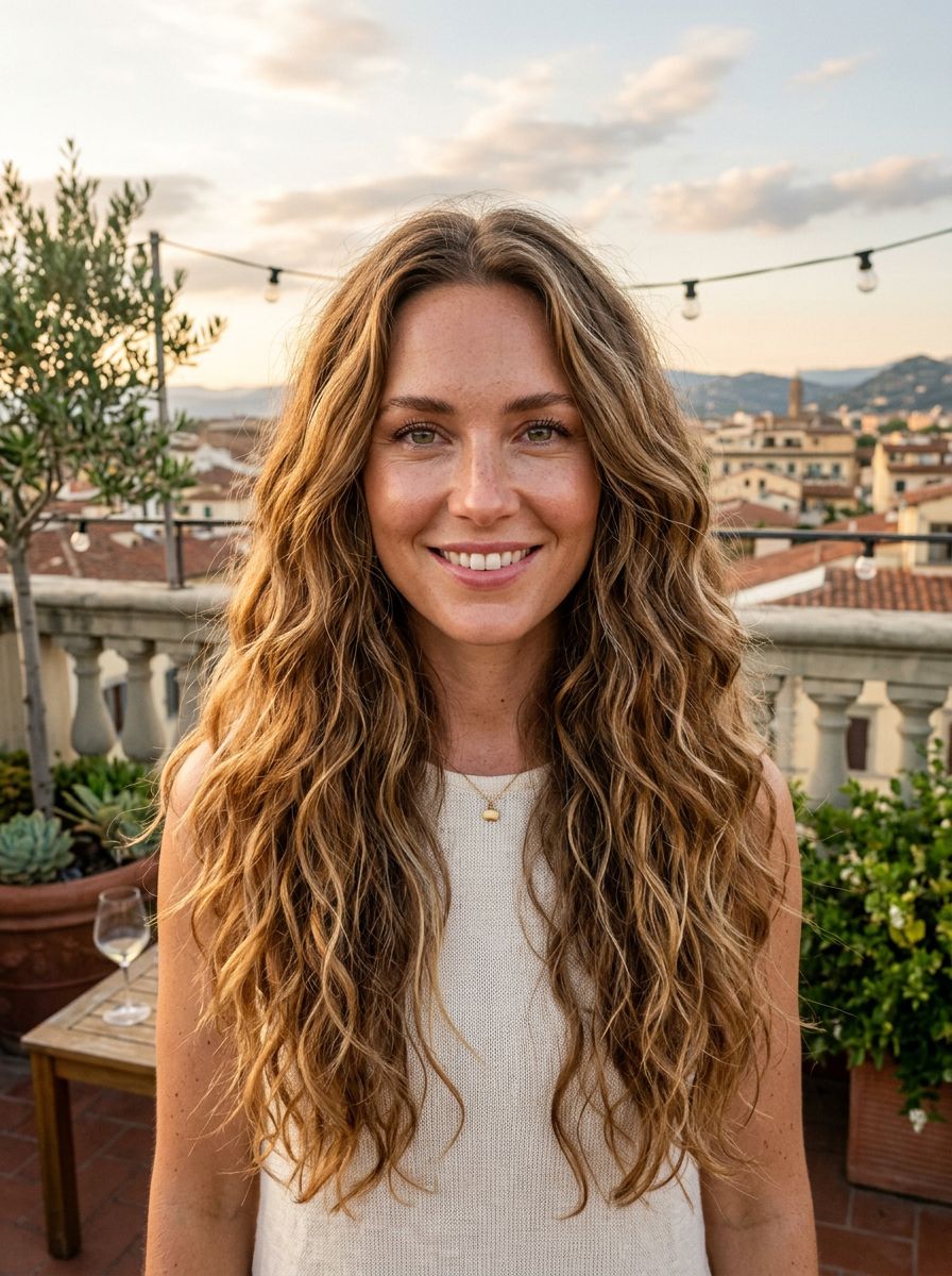 Langt bølgete hår med mørk rot og lys balayage i varme brune toner