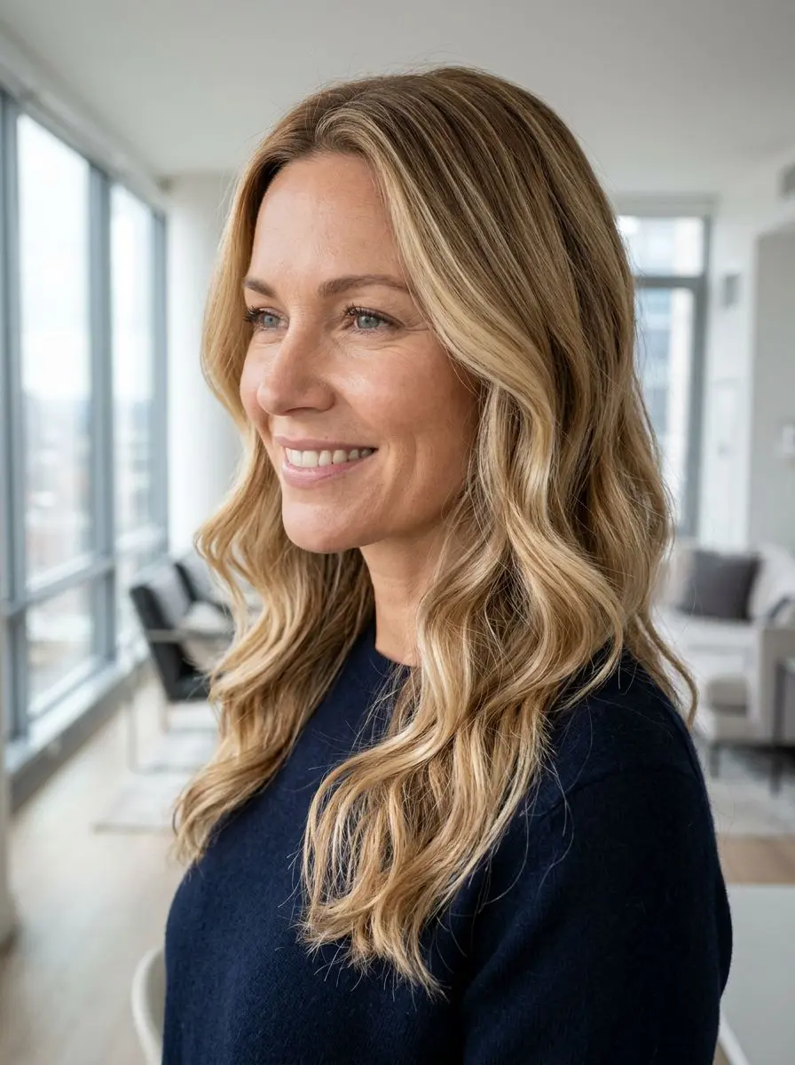 Dame med langt blondt balayage-hår i løse beach waves