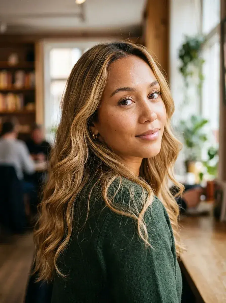 Dame med langt blondt balayage-hår og løse beach waves