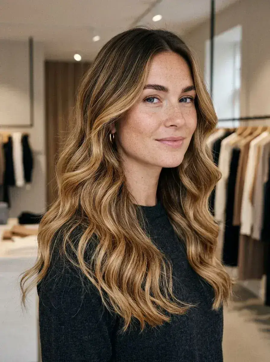 Lang lysebrun balayage med løse beach waves og mørk rotpartie