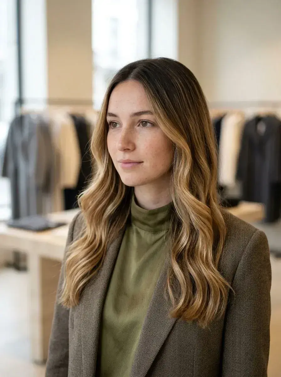 Dame med langt bølgete hår og balayage i varme brune og blonde toner