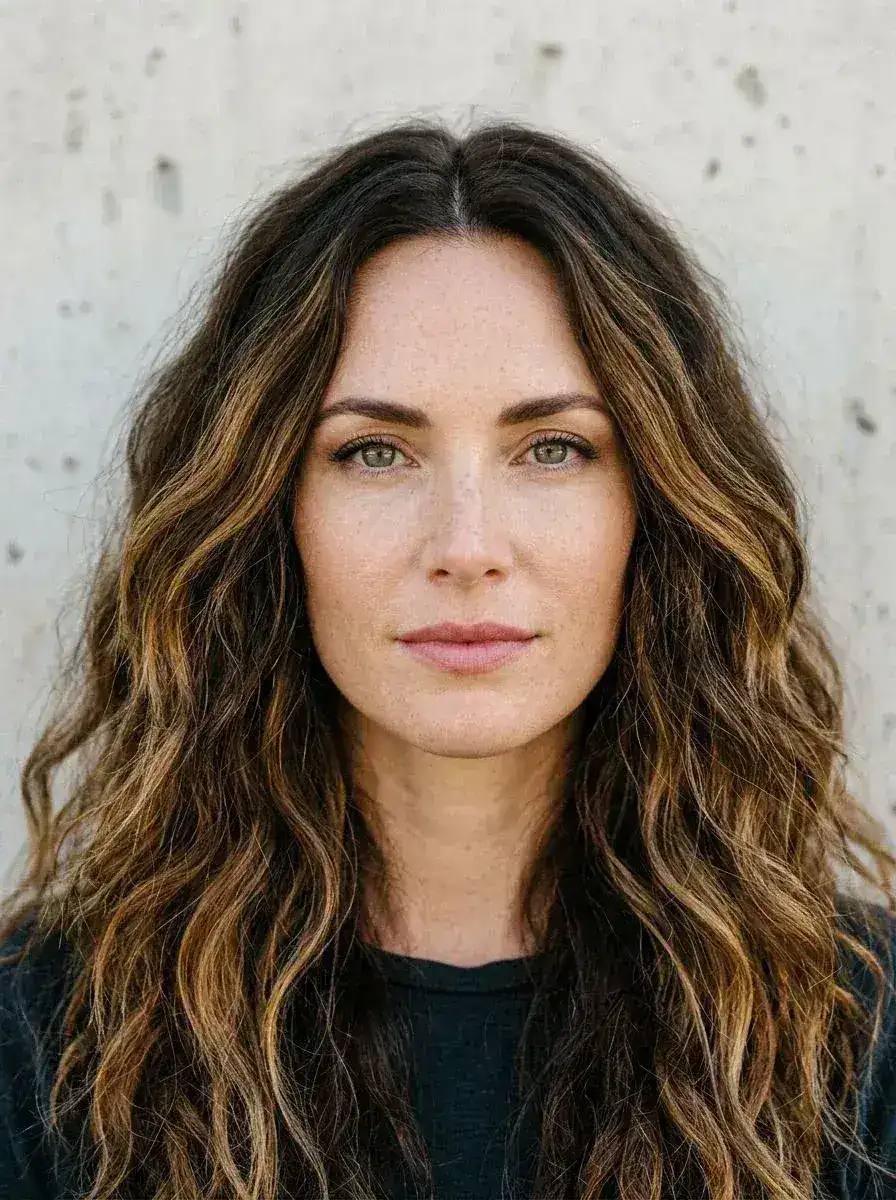 Lang mørk brun frisyre med balayage og løse beach waves