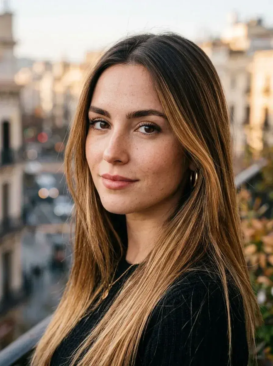 Dame med langt rett hår og varm balayage i lysebrun og blond