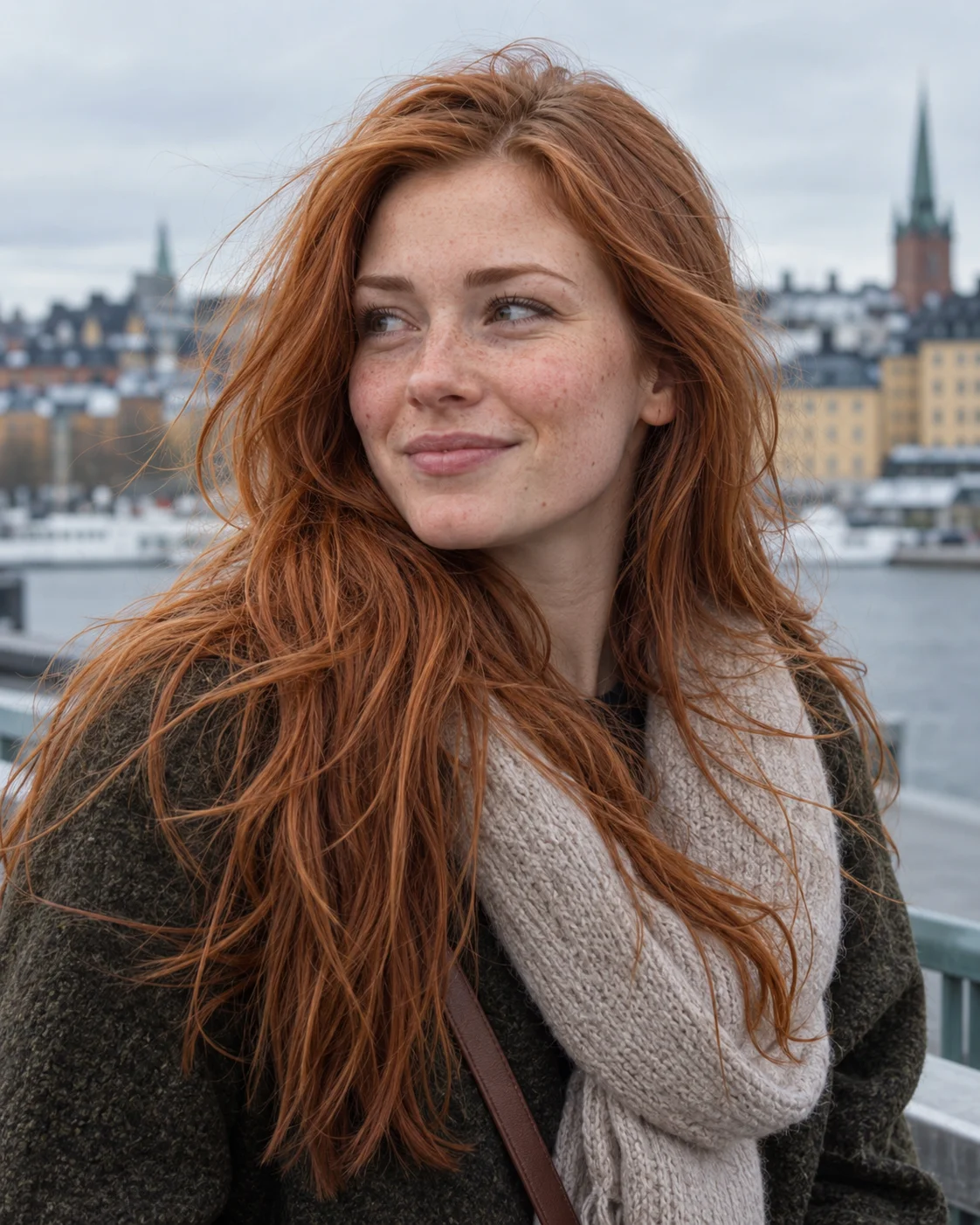 Langt ginger hår med naturlige waves og layers, ute ved havn.