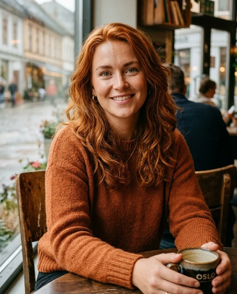 Ginger farge med bølgete langt hår og myke layers, naturlig volum og struktur