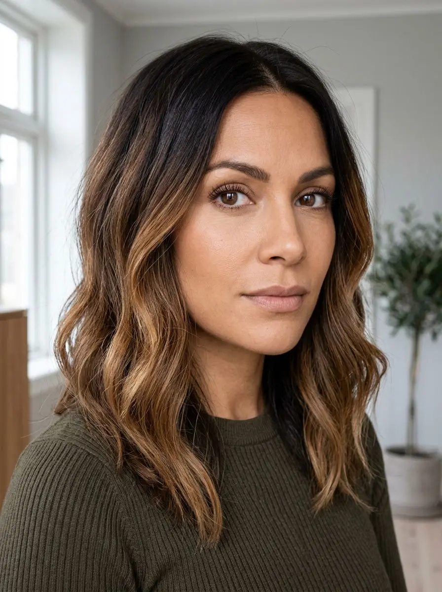 Dame med mørk brun lob, balayage og løse beach waves