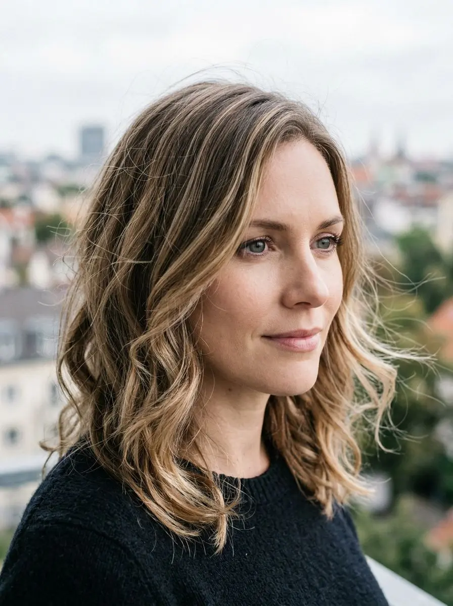Kvinne med skulderlang lob og bølgete bronde balayage-hår