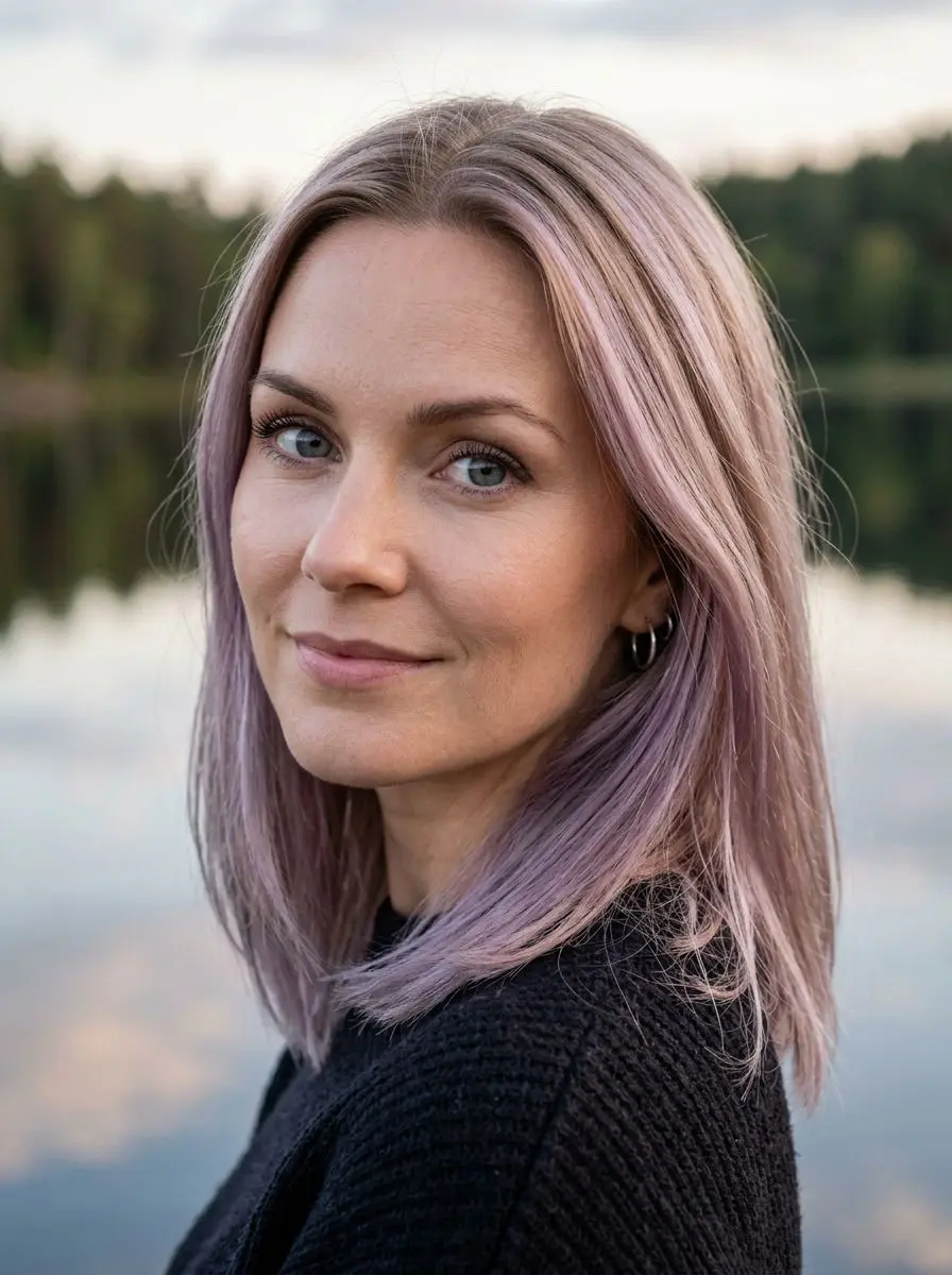 Dame med halvlangt rett hår i lavendel og lys lilla balayage ved innsjø