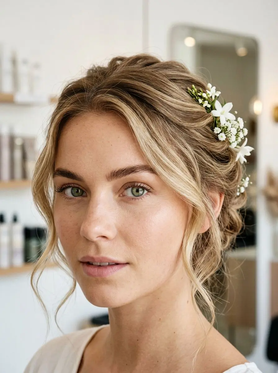 Løst oppsatt hår med blomster