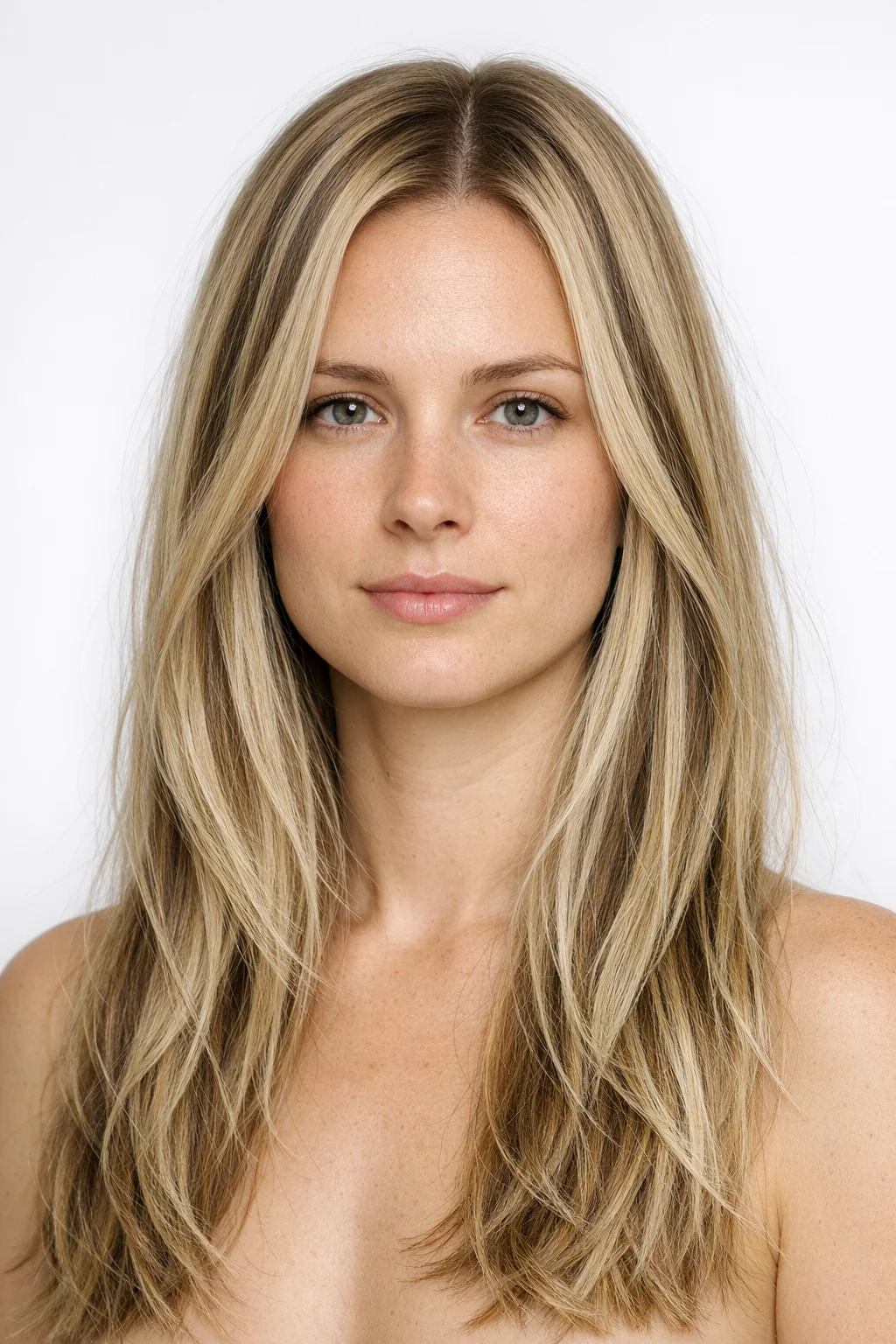 Lyse blonde layers med midtskill og lowlights
