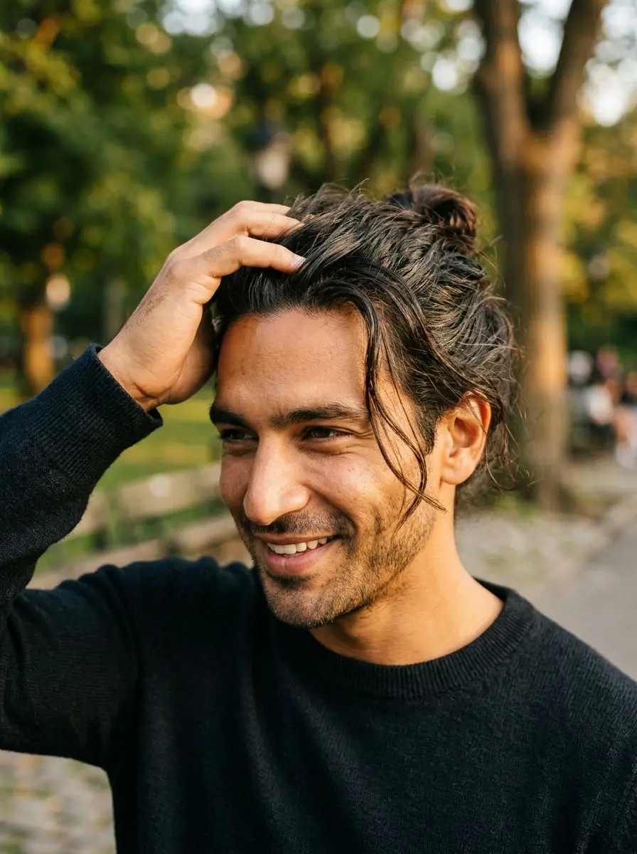 Langt brunt hår i man bun med løse frontpartier, casual urban stil