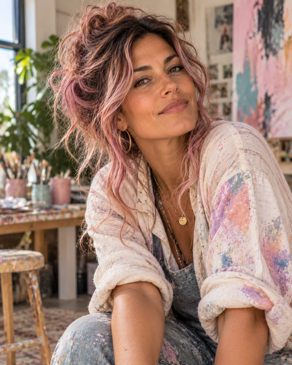 Langt hår i messy bun med rosa balayage og løse bølger rundt ansiktet.