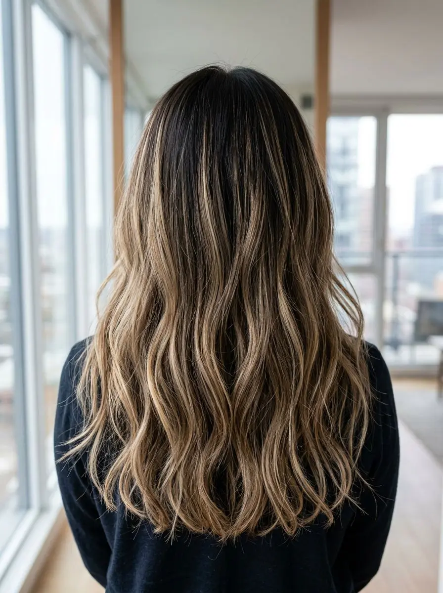 Langt hår bakfra med mørk bunn, blonde balayage-layers og myke beach waves