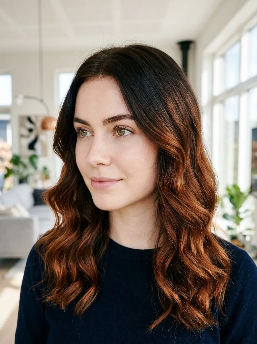 Dame med mørk rot og kobberfarget balayage i løse bølger