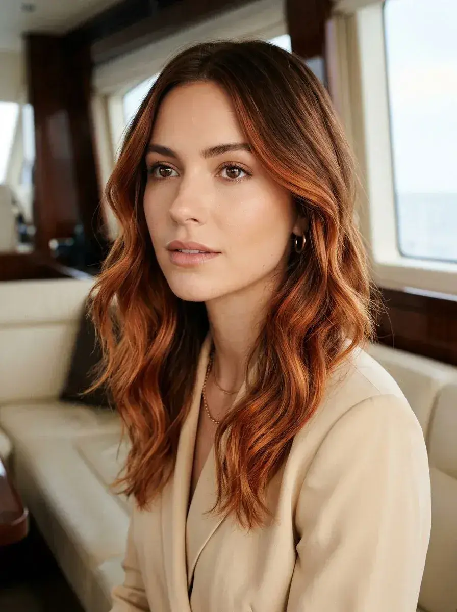 Halvlangt hår med kobberfarget balayage og løse beach waves