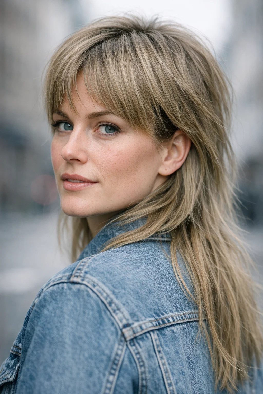 Mullet med lugg og naturlig tekstur, blondt langt hår med myke overganger