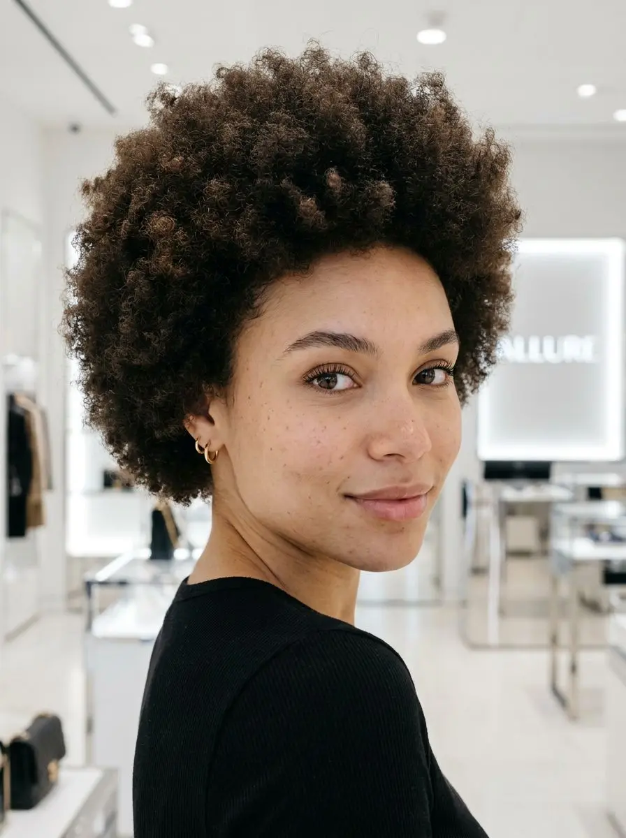 Kort, mørk brun afro med mye volum og naturlig tekstur på kvinne i butikk