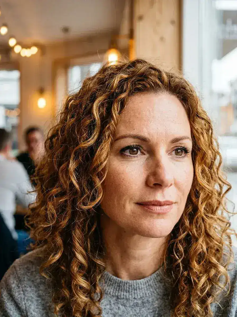 Dame med tette kobberfargede krøller og lyse highlights, skulderlengde