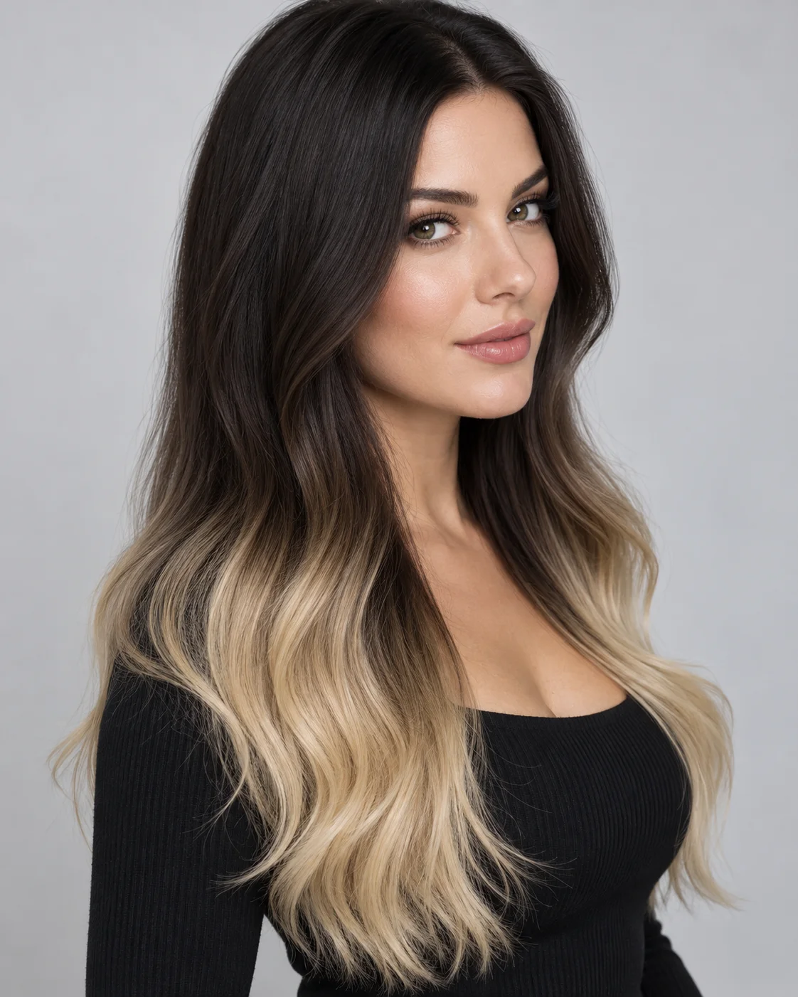 Ombre beach waves langt hår med mørk bunn og lyse, bølgete lengder. Myke overganger.